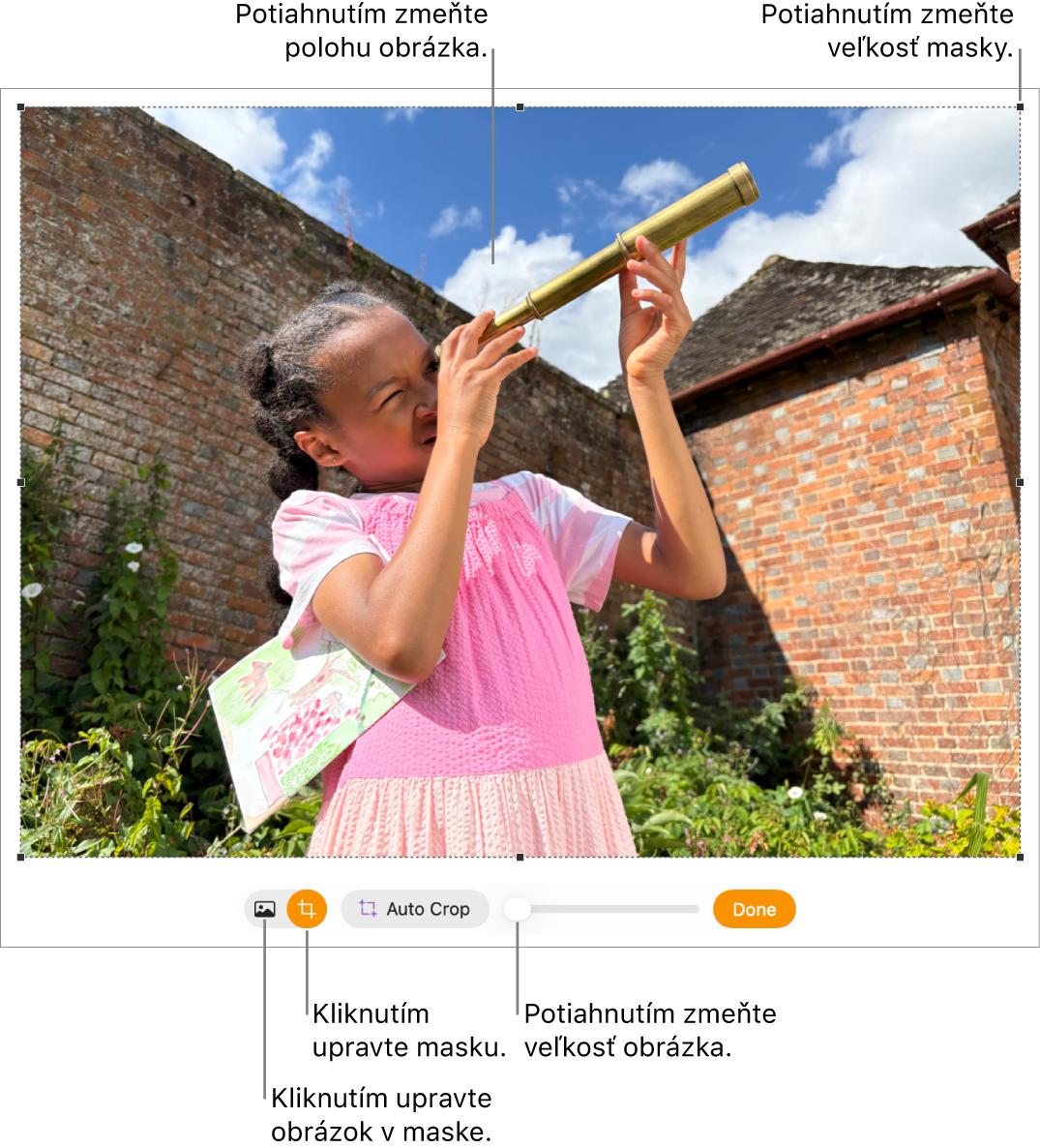 Ovládacie prvky masky na fotke.