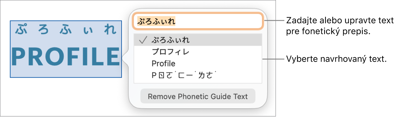 Otvorený fonetický prepis pre označené slovo s textovými bublinami na textovom poli a odporúčaný text.