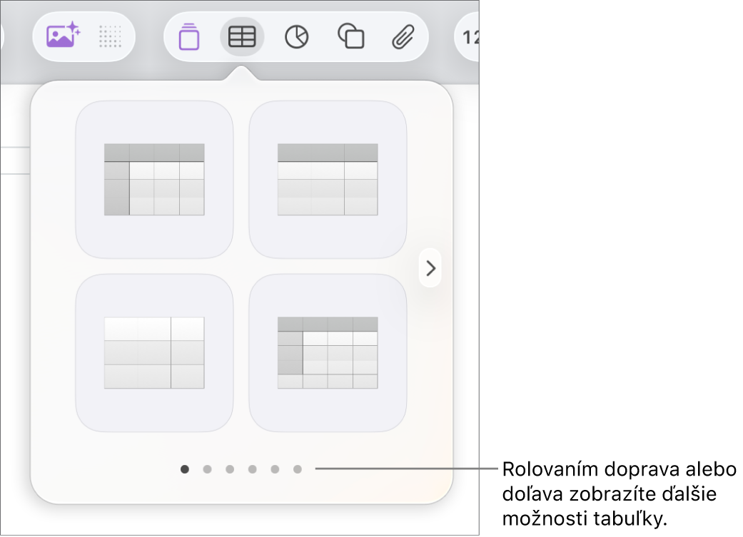 Menu Pridajte tabuľku s navigačnými šípkami.
