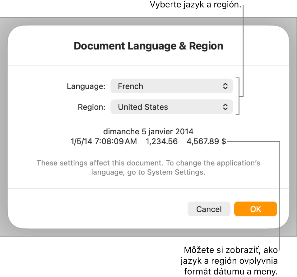 Panel Jazyk a región s ovládacími prvkami pre jazyk a región a príklad formátu dátumu, času, desatinného znaku a meny.