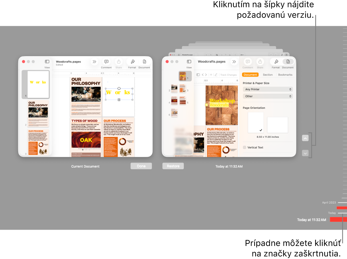 Časová os verzií zobrazujúca aktuálny dokument na ľavej strane a jeho poslednú verziu napravo.