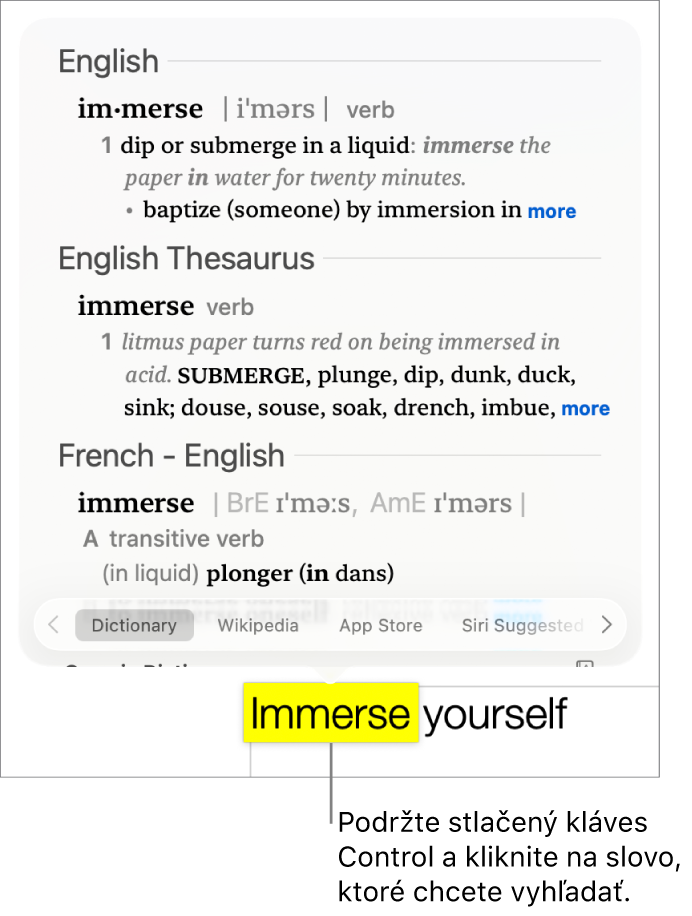 Odsek so zvýrazneným slovom a okno zobrazujúce jeho definíciu a položku zo synonymického slovníka. Tlačidlá v dolnej časti okna poskytujú odkazy na slovník, Wikipédiu a webové stránky, ktoré odporúča Siri.