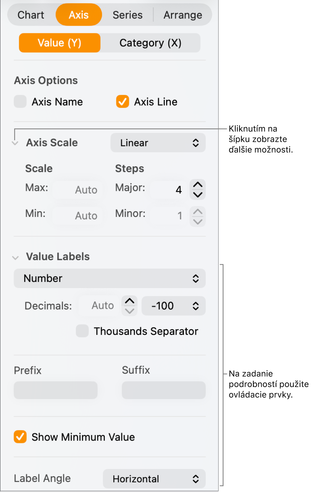 Ovládacie prvky na formátovanie značiek osi grafu.