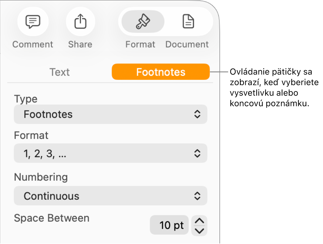 Panel Vysvetlivky znázorňujúci vyskakovacie ponuky pre Typ, Formát, Číslovanie a priestor medzi vysvetlivkami.