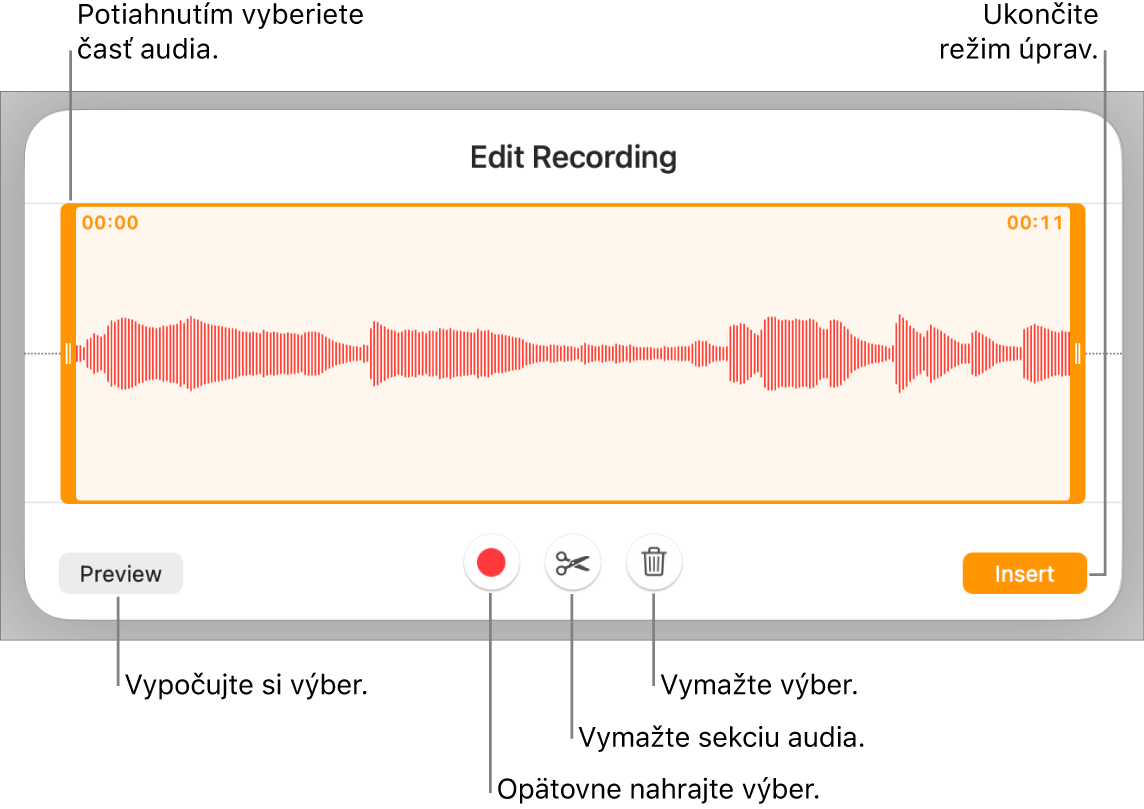 Ovládacie prvky na úpravu nahraného audia. Úchyty označujú vybranú sekciu nahrávky a tlačidlá pre funkcie Náhľad, Nahrať, Orezať, Vymazať a Režim úprav sú nižšie.
