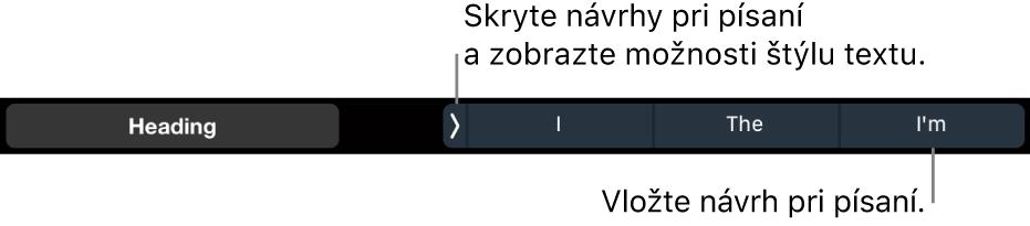 Touch Bar na MacBooku Pro s ovládacími prvkami na výber štýlu textu, skrytie návrhov pri písaní a vkladanie návrhov pri písaní.