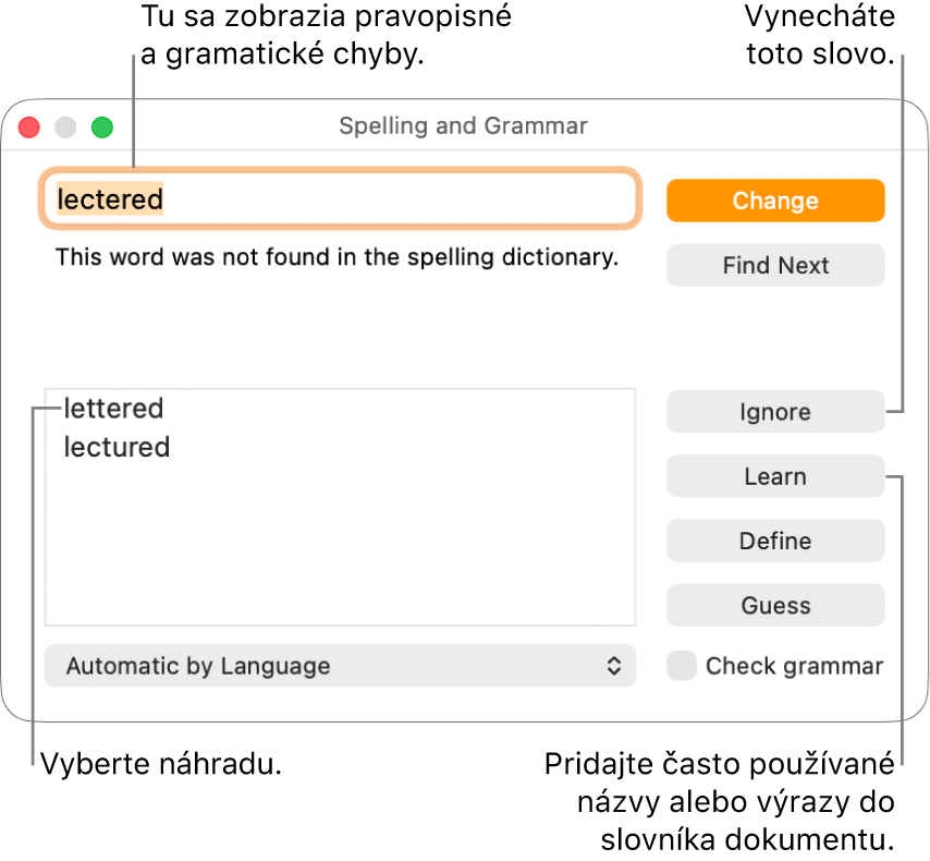 Okno Pravopis a gramatika.