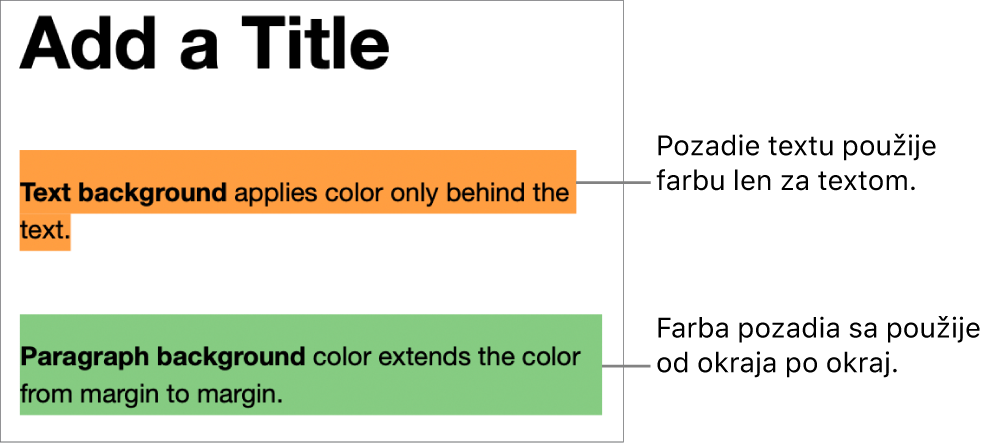 Jeden odsek s farbou iba za textom a druhý odsek s farbou za textom, ktorá siaha v bloku od okraja po okraj.