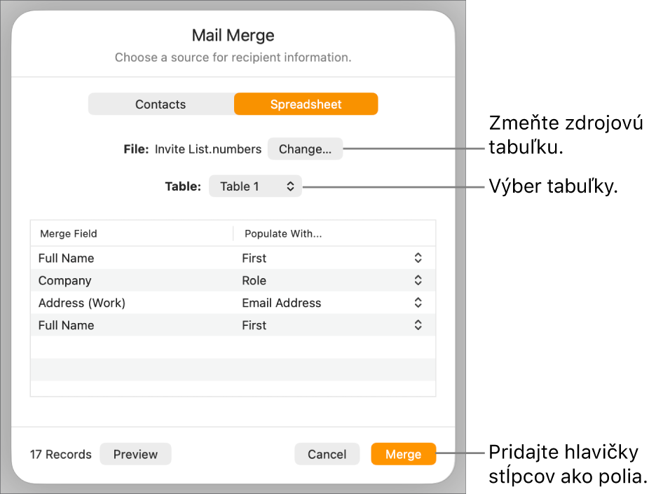 Panel Zobraziť ukážku zlučovacích polí je otvorený s možnosťami na zmenu zdrojového súboru alebo tabuľky, ukážku názvov zlučovacích polí alebo na pridanie hlavičiek stĺpcov ako polí.