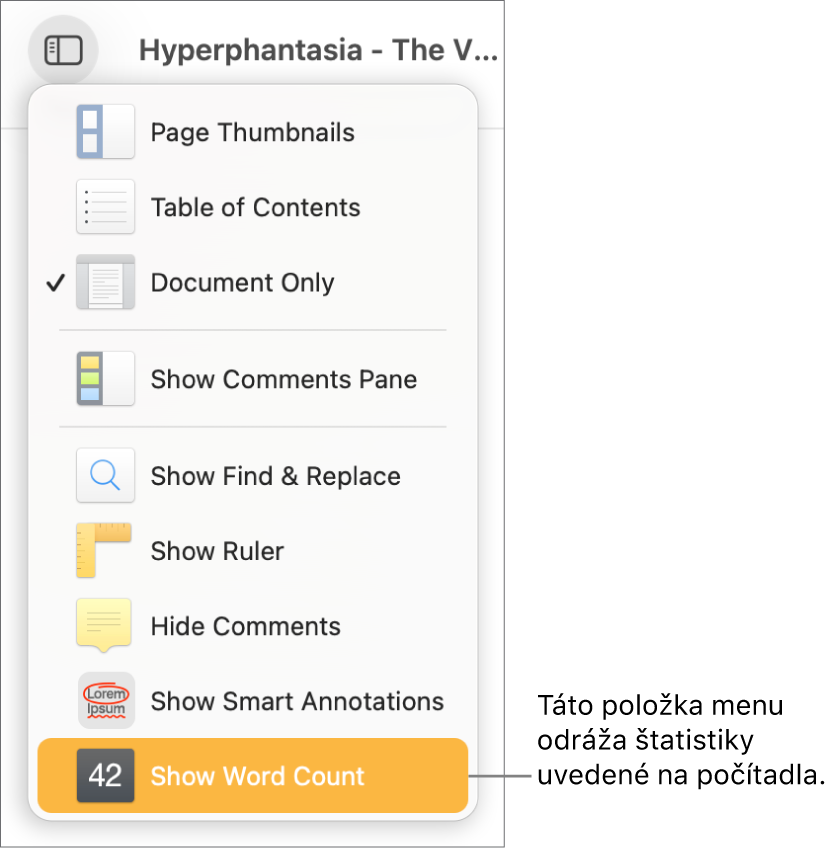 Menu Zobraziť otvorené s možnosťou Zobraziť počet znakov v spodnej časti.