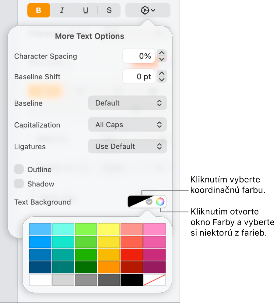 Ovládacie prvky na výber farby pozadia textu.