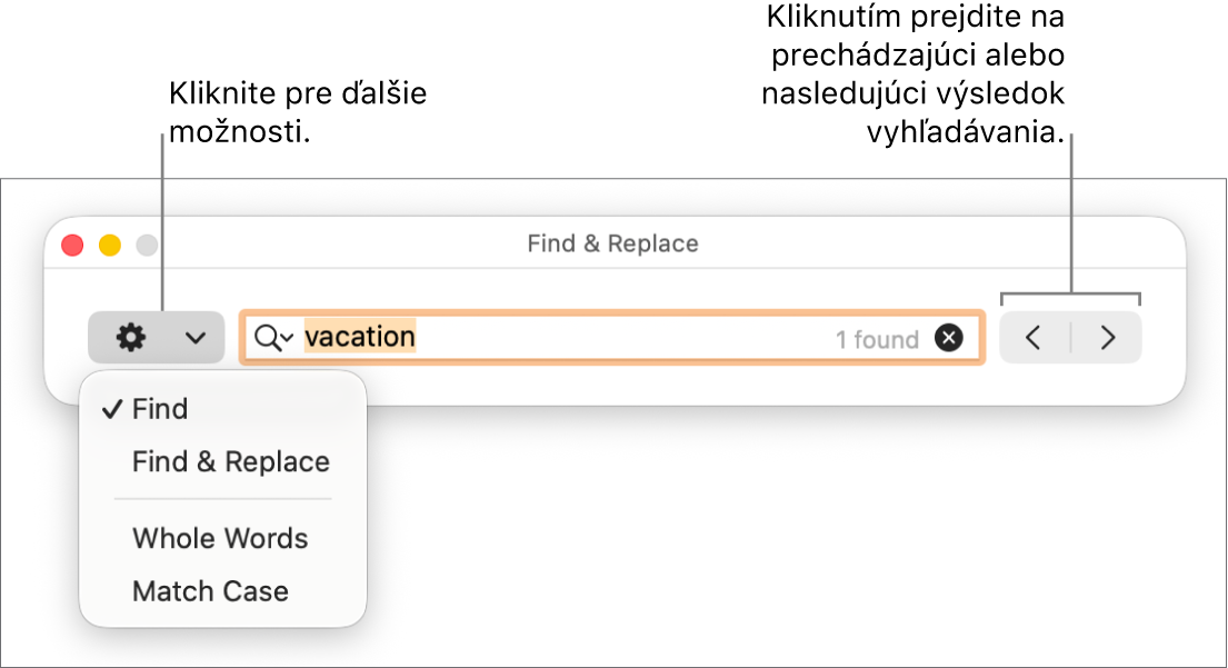 Okno Nájsť a nahradiť s vyskakovacím menu zobrazujúcim možností Hľadať, Hľadať a nahradiť, Celé slová a Rozlišovať veľkosť. Šípky napravo umožňujú preskočiť na predchádzajúce alebo ďalšie výsledky vyhľadávania.