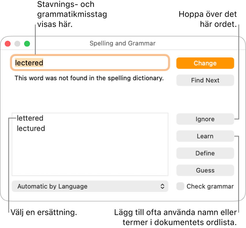 Fönstret Stavning och grammatik.