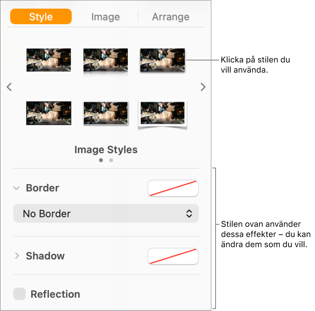 Fliken Stil i formatsidofältet med alternativ för objektstilar.