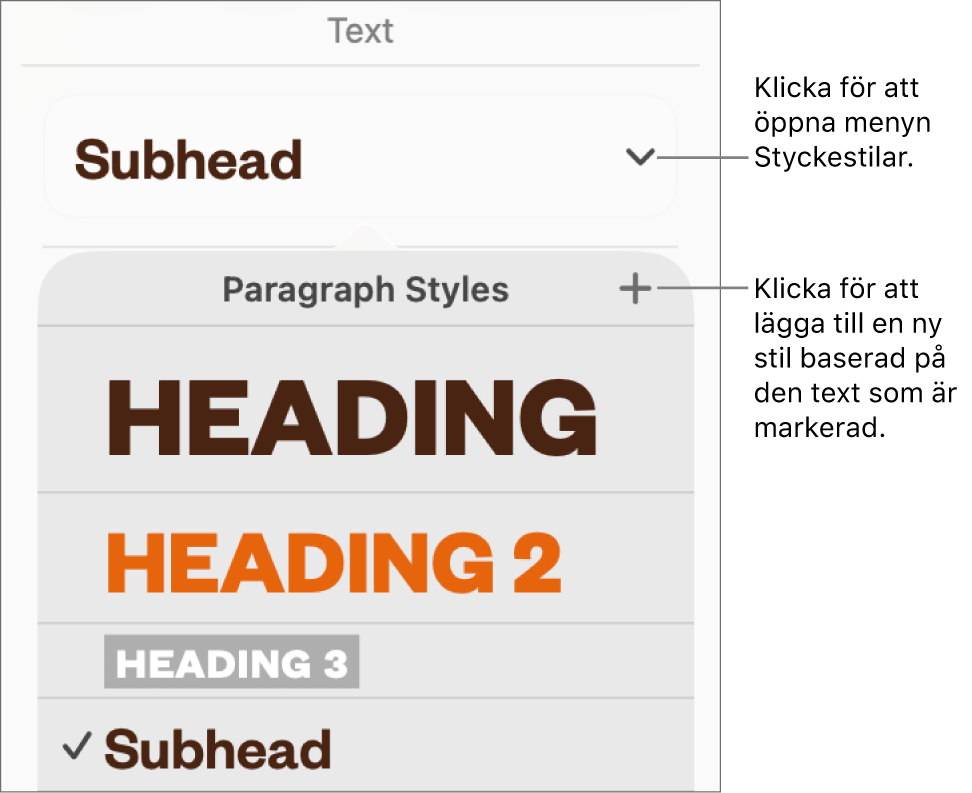 Menyn Styckestilar med reglage för att lägga till eller ändra en stil.