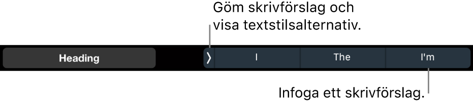 Touch Bar på MacBook Pro med reglage för att välja en textstil, gömma skrivförslag och infoga skrivförslag.