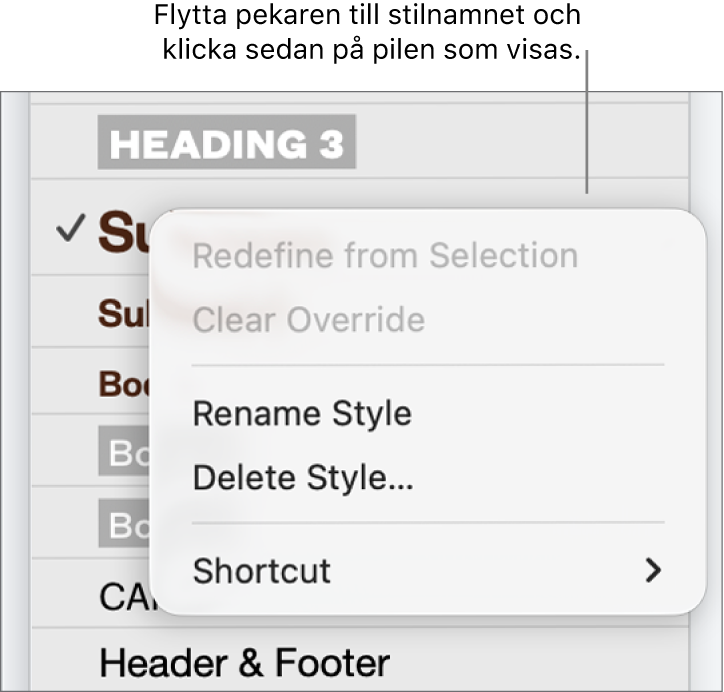 Menyn Styckestilar med öppen kontextmeny.
