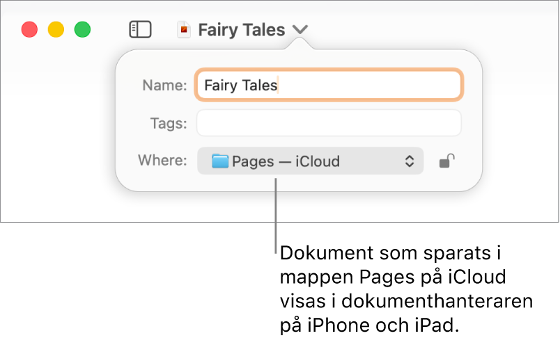 Dialogrutan Spara för ett dokument med Pages – iCloud i popupmenyn Plats.