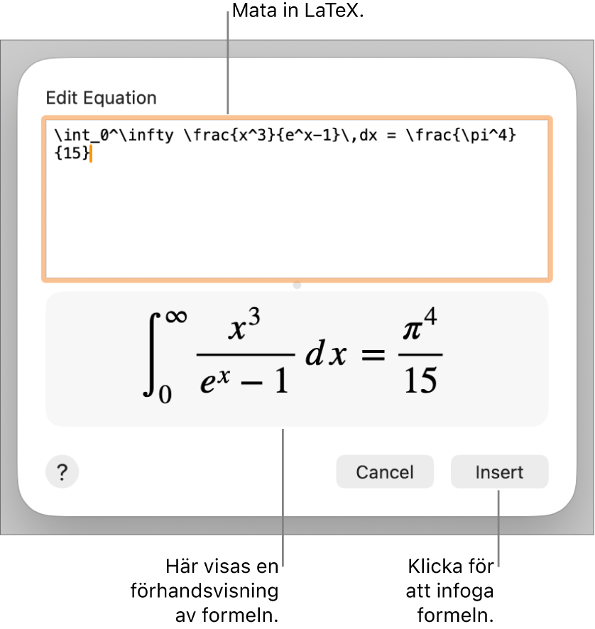 Den kvadratiska formeln skriven med LaTeX i ekvationsfältet och en förhandsvisning av formeln nedanför.