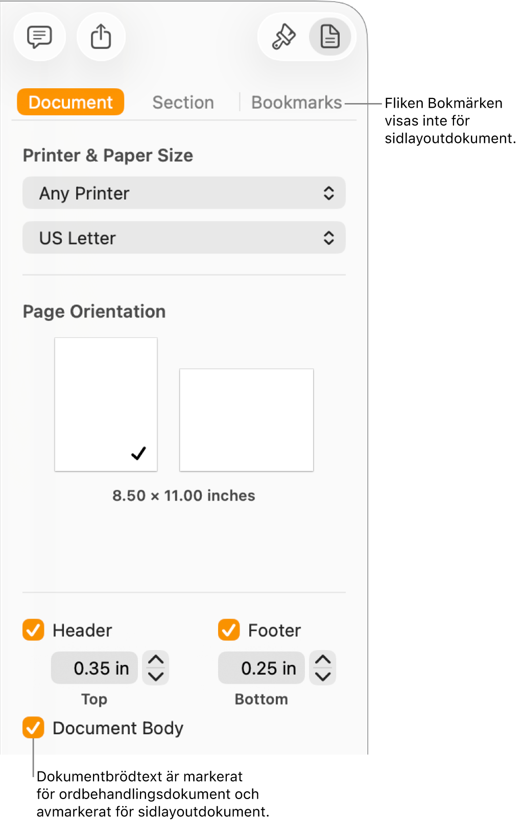 Formatsidofältet med flikarna Dokument, Avsnitt och Bokmärken högst upp. Fliken Dokument är vald och ett streck till fliken Bokmärken förklarar att sidlayoutdokument inte har fliken Bokmärken. Kryssrutan Dokumentbrödtext är markerad, vilket även visar att det här är ett ordbehandlingsdokument.