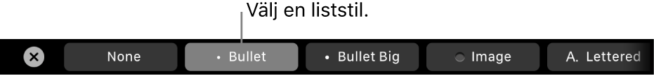 Touch Bar på MacBook Pro med reglage för att välja en liststil.