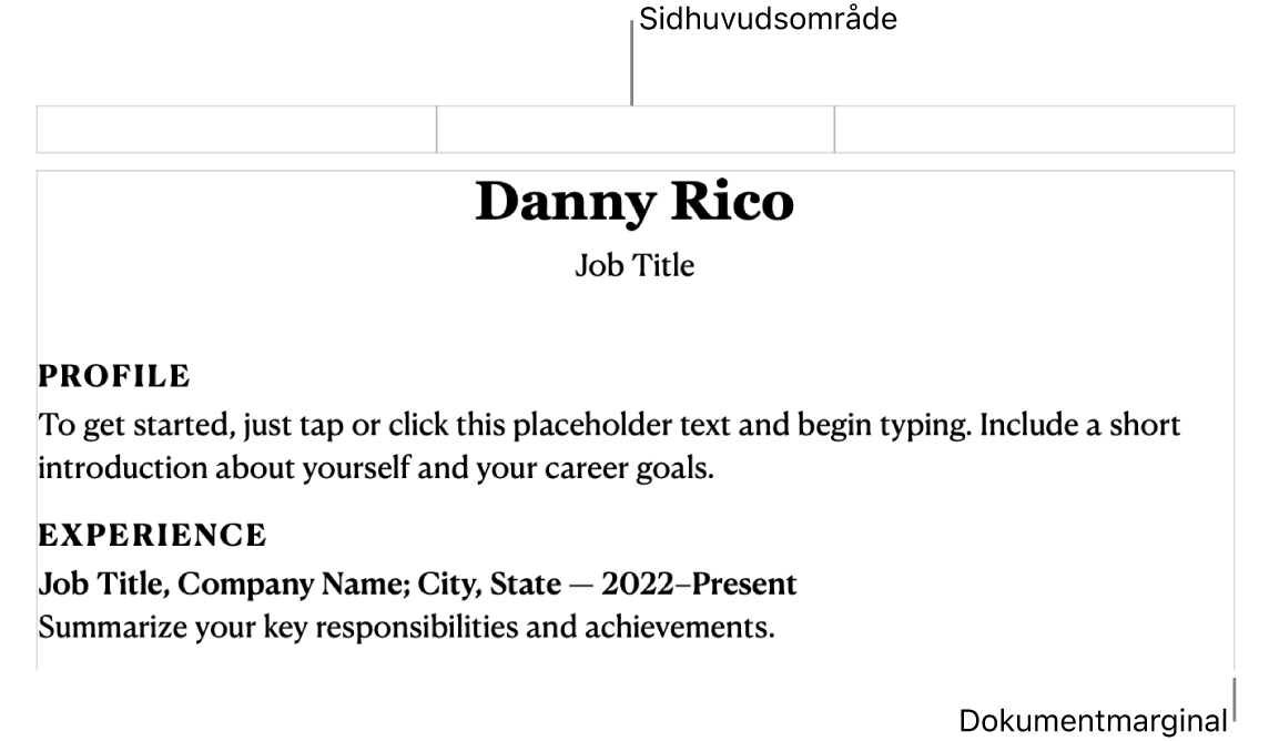 Layoutvyn med sidhuvud och dokumentmarginaler.