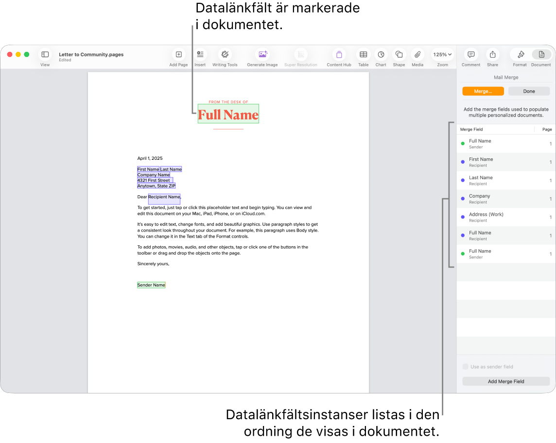 Pages-dokument med datalänkfält för mottagare och avsändare. Instanslistan för datalänkfältet är synligt i dokumentsidofältet.