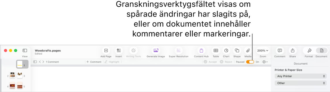 Verktygsfältet i Pages med ändringsspårning aktiverat och verktygsfältet för granskning under verktygsfältet i Pages.