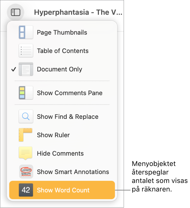 Menyn Innehåll är öppen med Visa teckenantal nära nederkanten.