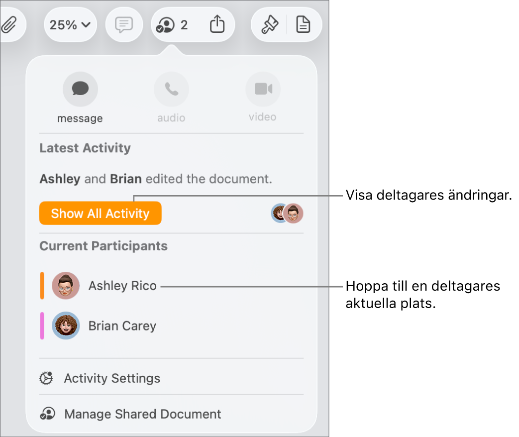 Samarbetsmenyn med två aktuella deltagare listade.