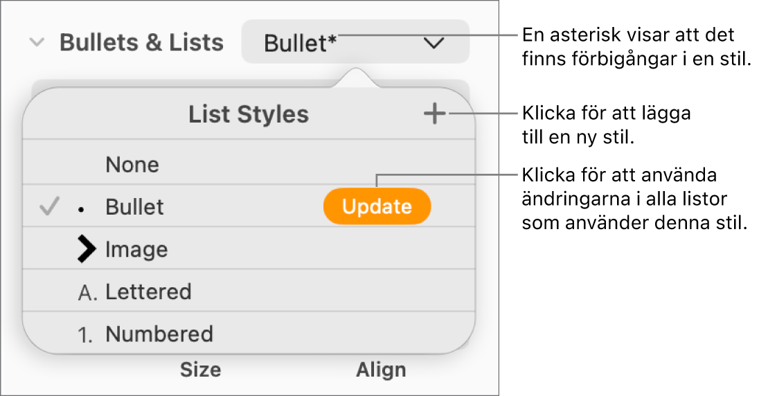 Popupmenyn Liststilar med en asterisk som anger en förbigång, och pilar till knappen Ny stil och till en undermeny med alternativ för hantering av stilar.