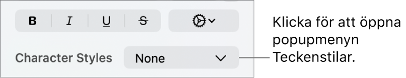 Popupmenyn Teckenstilar under reglage för att ändra textens stil och färg.