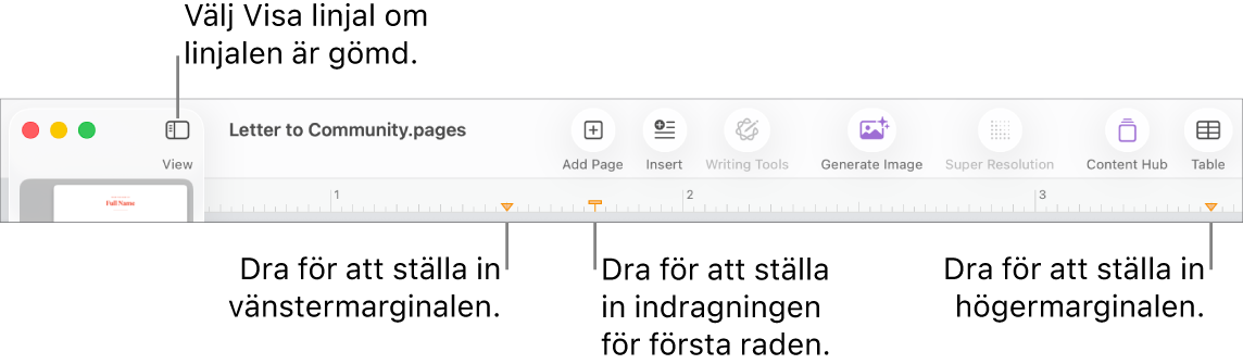 Linjalen med vänster marginalreglage och reglage för första radens indrag.