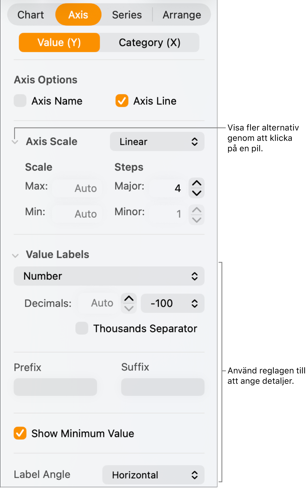 Reglage för formatering av diagramaxelmarkeringar.
