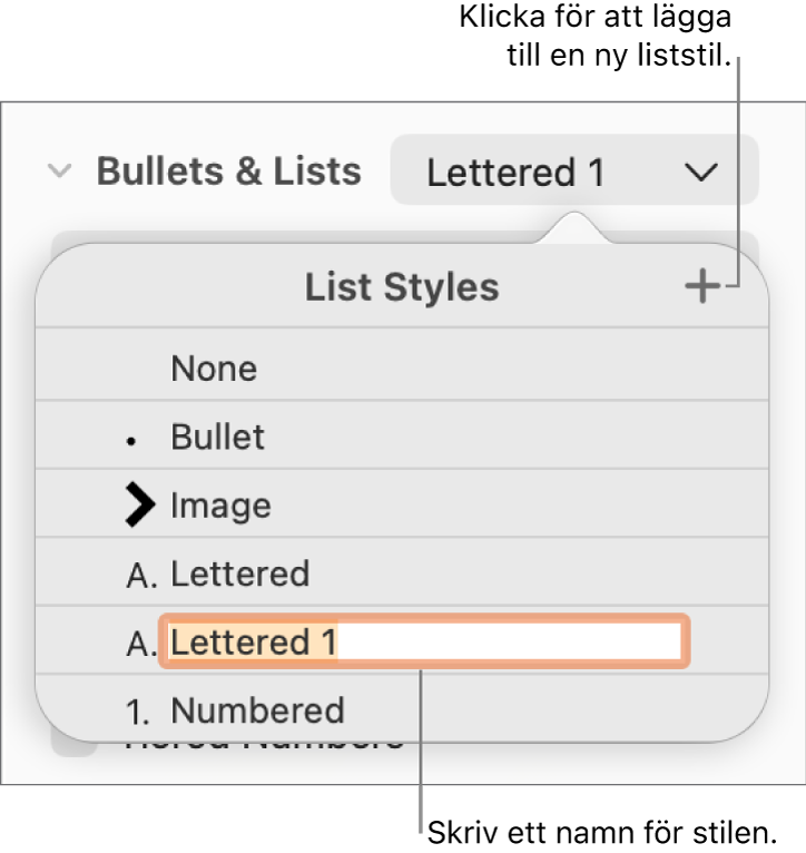 Popupmenyn Liststilar med en lägg till-knapp i det övre högra hörnet och ett platshållarstilnamn med markerad text.