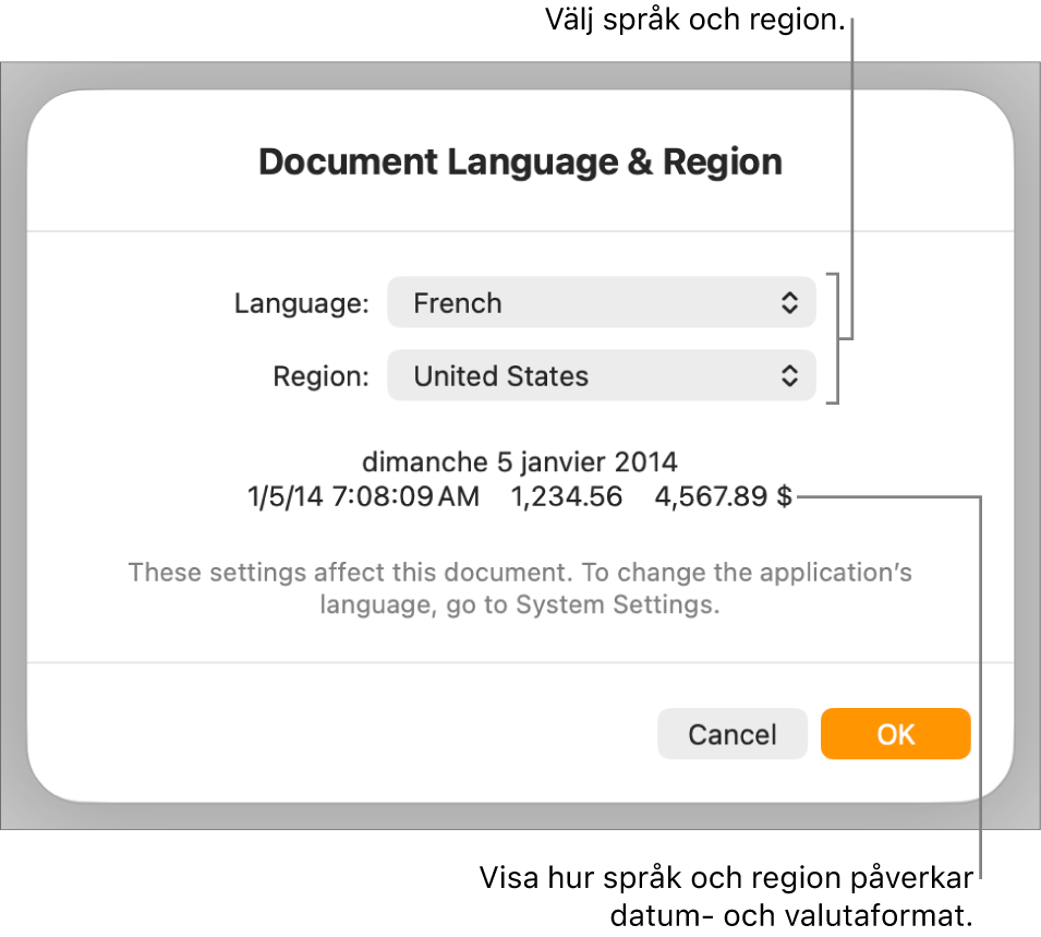 Panelen Språk och region med reglage för språk och region samt ett formatexempel med datum, tid, decimal och valuta.