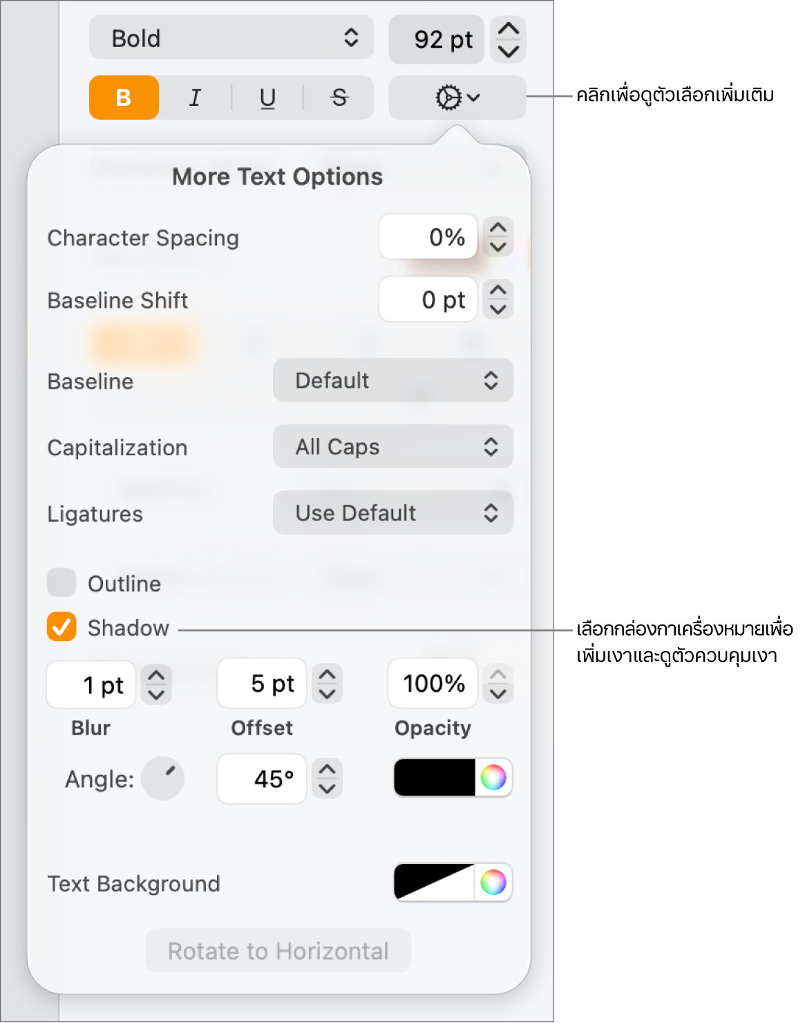 เมนูตัวเลือกขั้นสูงจะเปิดขึ้นโดยเลือกกล่องกาเครื่องหมายเงาไว้ และมีตัวควบคุมสำหรับตั้งค่าความมัว ออฟเซต มุม และสี