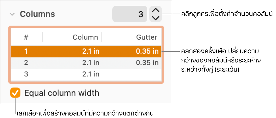 บานหน้าต่างเค้าโครงของตัวตรวจสอบรูปแบบ ที่แสดงตัวควบคุมคอลัมน์