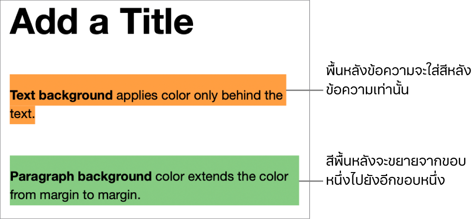 ย่อหน้าหนึ่งซึ่งมีสีหลังข้อความเท่านั้น และอีกย่อหน้าหนึ่งซึ่งสีหลังข้อความขยายจากขอบหนึ่งถึงอีกขอบหนึ่งเป็นบล็อก