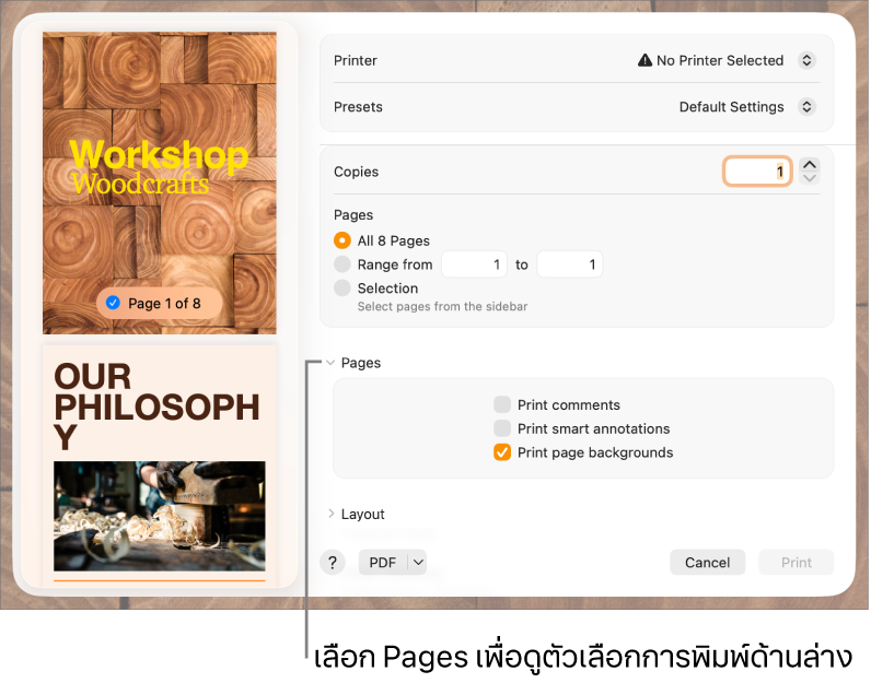 หน้าต่างโต้ตอบการพิมพ์ที่มีตัวควบคุมสำหรับเครื่องพิมพ์ ค่าที่ตั้งไว้ สำเนา และช่วงของหน้า Pages ถูกเลือกอยู่ในเมนูที่แสดงขึ้นด้านล่างการตั้งค่าช่วงของหน้า ตามด้วยกล่องกาเครื่องหมายเพื่อพิมพ์ความคิดเห็น พิมพ์คำอธิบายประกอบอัจฉริยะ และพิมพ์พื้นหลังของหน้า