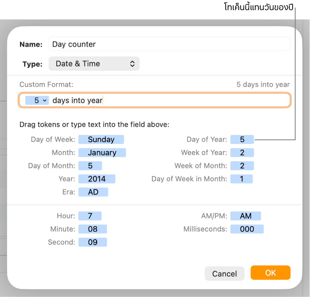 หน้าต่างรูปแบบเซลล์แบบกำหนดเองที่มีตัวควบคุมสำหรับเลือกการจัดรูปแบบวันที่และเวลาแบบกำหนดเอง