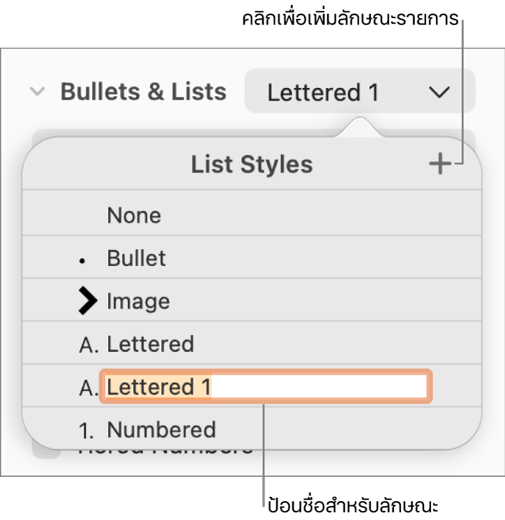 เมนูลักษณะรายการที่แสดงขึ้นที่มีปุ่มเพิ่มอยู่มุมขวาบนสุด และชื่อลักษณะช่องพักที่มีข้อความที่เลือกอยู่