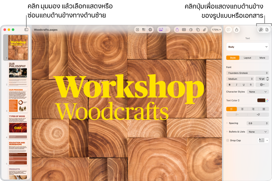 หน้าต่าง Pages ที่มีคำบรรยายภาพไปยังปุ่มเมนูมุมมองและรูปแบบ และปุ่มเอกสารในแถบเครื่องมือ แถบด้านข้างเปิดที่ด้านซ้ายและขวา