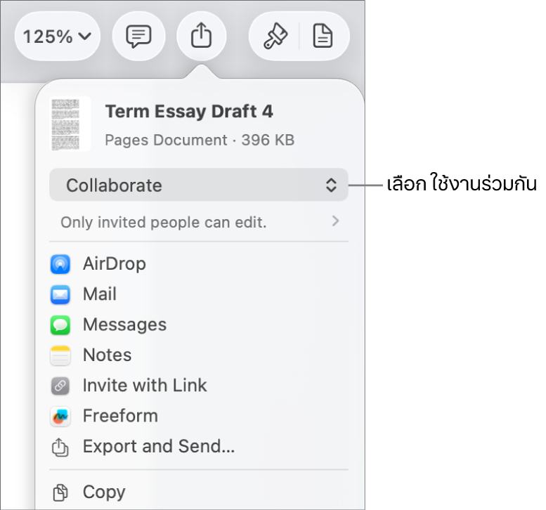 เมนูแชร์ที่มีใช้งานร่วมกันถูกเลือกอยู่ที่ด้านบนสุด และการตั้งค่าการเข้าถึงและสิทธิ์อยู่ที่ด้านล่าง