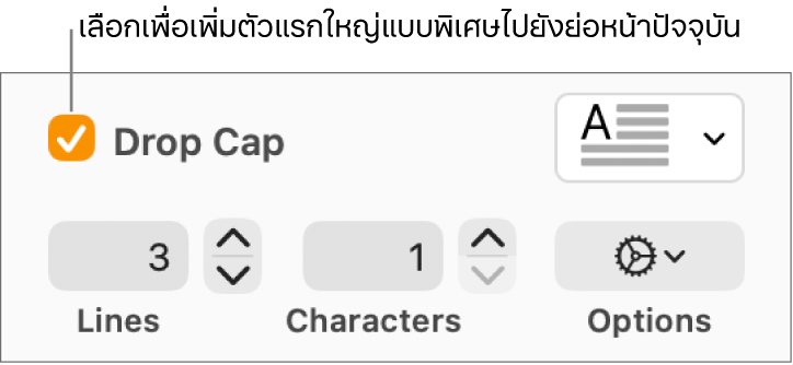 กล่องกาเครื่องหมายตัวแรกใหญ่แบบพิเศษถูกเลือกอยู่ และเมนูที่แสดงขึ้นแสดงทางด้านขวา โดยตัวควบคุมสำหรับการตั้งค่าความสูงของบรรทัด จำนวนอักขระ และตัวเลือกอื่นๆ แสดงอยู่ด้านล่าง