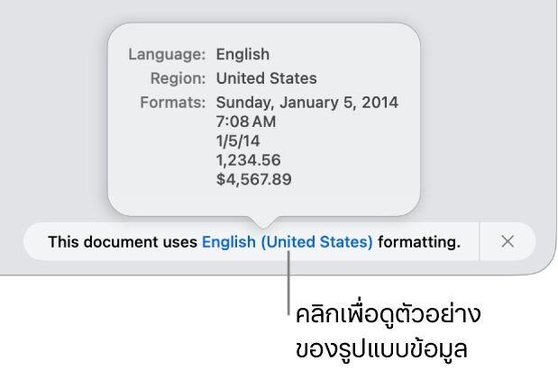 การแจ้งเตือนของการตั้งค่าภาษาและภูมิภาคอื่น ที่แสดงตัวอย่างของการจัดรูปแบบในภาษาและภูมิภาคนั้น
