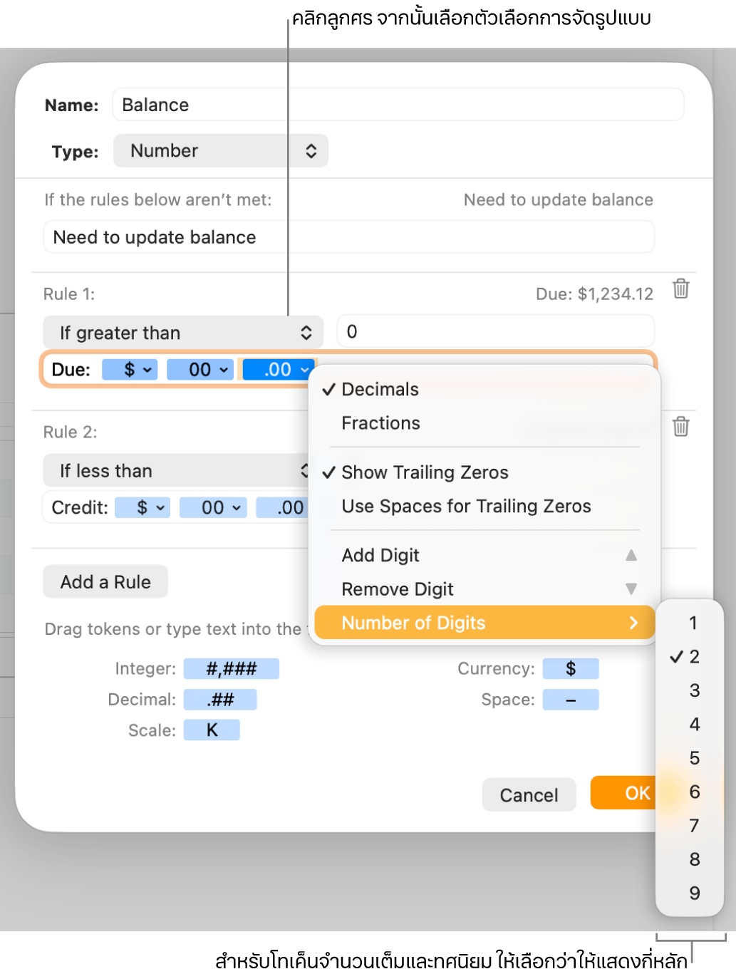 หน้าต่างรูปแบบเซลล์แบบกำหนดเองที่มีตัวควบคุมสำหรับเลือกตัวเลือกการจัดรูปแบบแบบกำหนดเอง