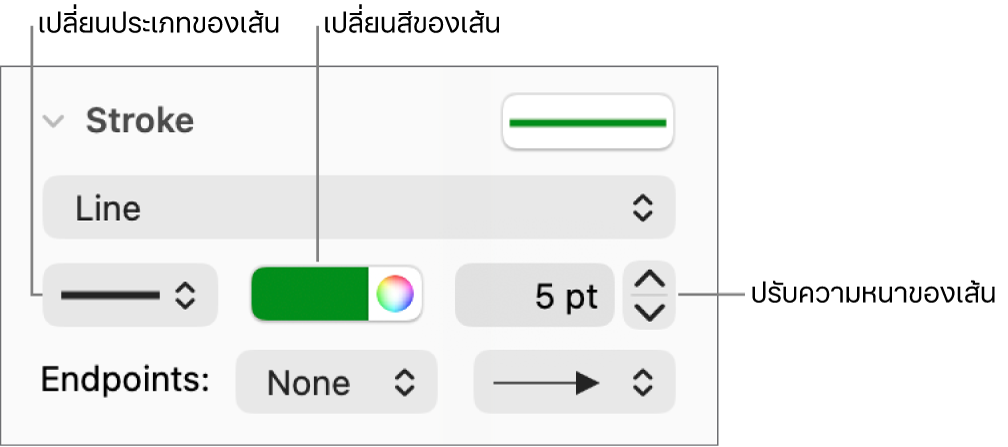 ตัวควบคุมขีดเส้นสำหรับตั้งค่าจุดปลาย ความหนาของเส้น และสี