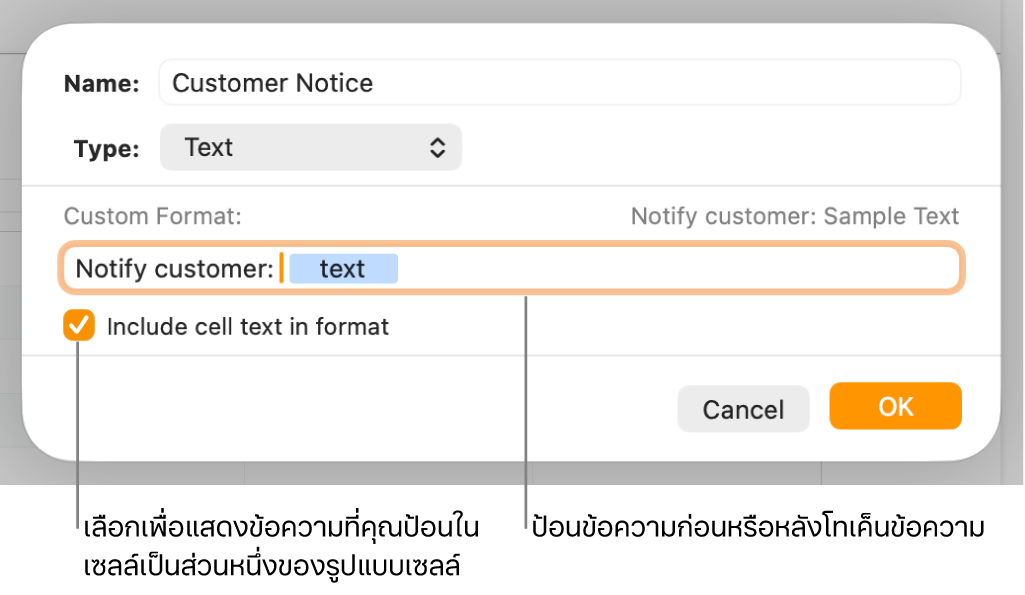 หน้าต่างรูปแบบเซลล์แบบกำหนดเองที่มีตัวควบคุมสำหรับเลือกการจัดรูปแบบข้อความแบบกำหนดเอง