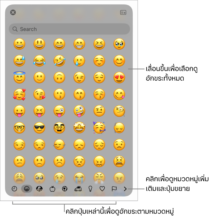 หน้าต่างแสดงอักขระที่แสดงอิโมจิ ปุ่มสำหรับหมวดหมู่สัญลักษณ์ต่างๆ ที่ด้านล่างสุด และปุ่มที่แสดงหมวดหมู่เพิ่มเติมและปุ่มขยาย